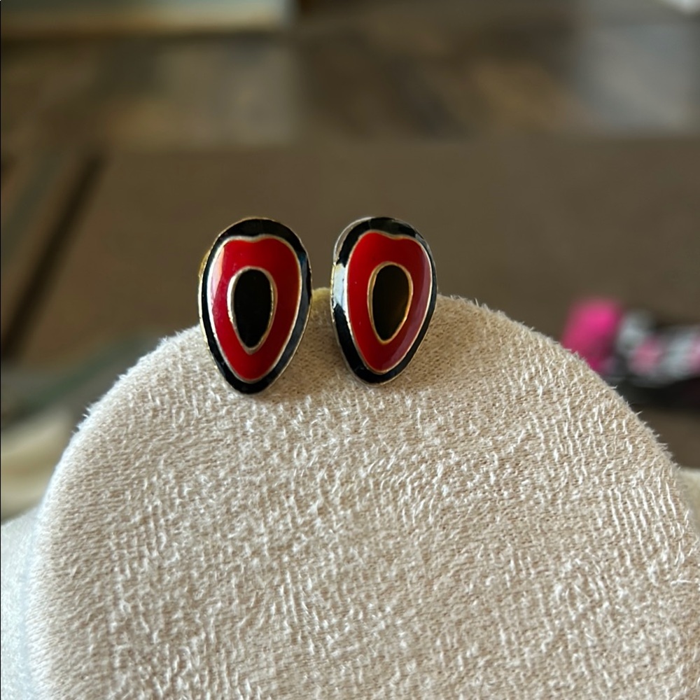 Vintage 80 s Enamel Red and Black Teardrop Earrings